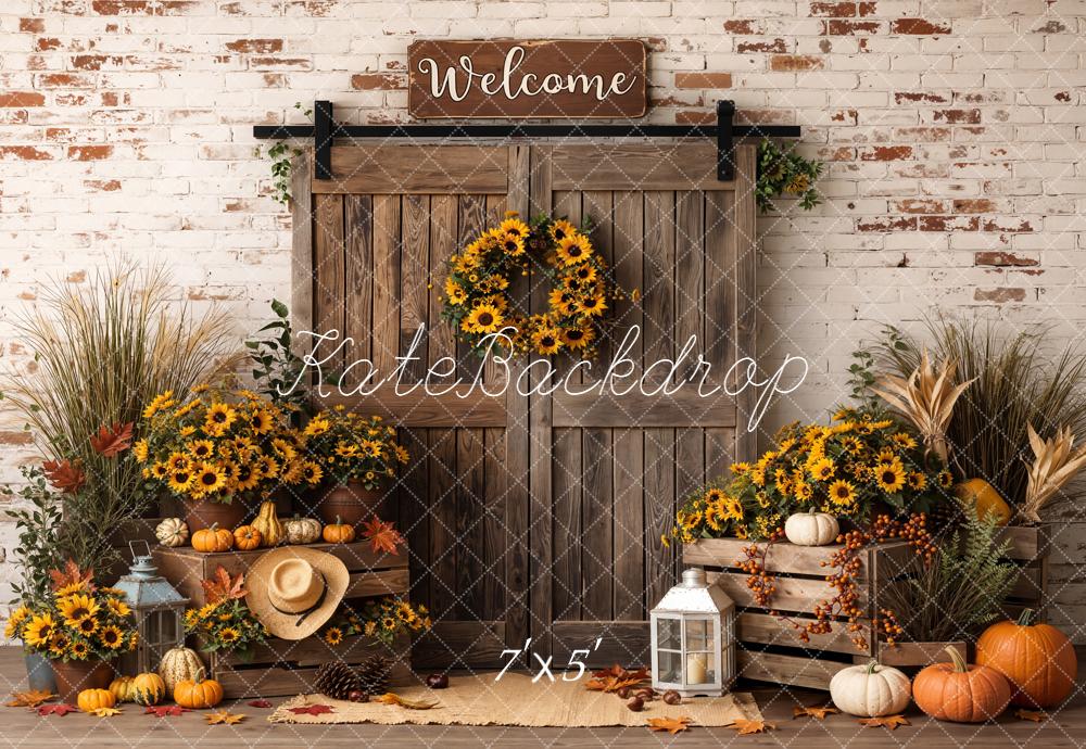 Kate Autumn Sunflowers Pumpkins Wood Door Backdrop Designed by Emetselch