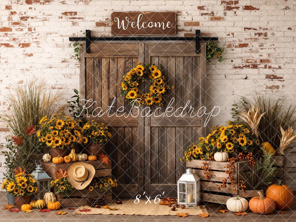 Kate Autumn Sunflowers Pumpkins Wood Door Backdrop Designed by Emetselch - Image 3