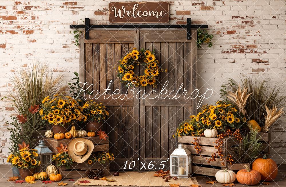 Kate Autumn Sunflowers Pumpkins Wood Door Backdrop Designed by Emetselch - Image 4