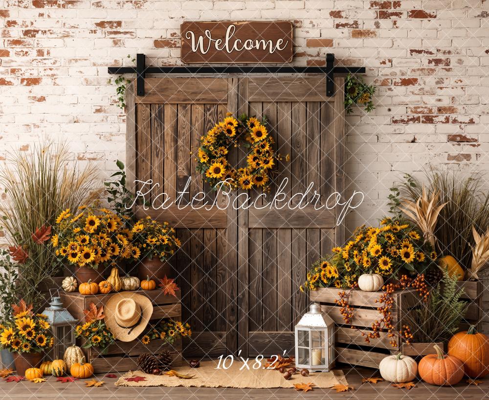 Kate Autumn Sunflowers Pumpkins Wood Door Backdrop Designed by Emetselch - Image 6