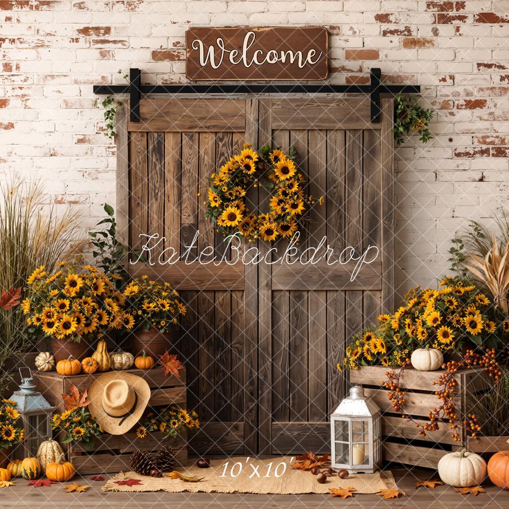 Kate Autumn Sunflowers Pumpkins Wood Door Backdrop Designed by Emetselch - Image 7