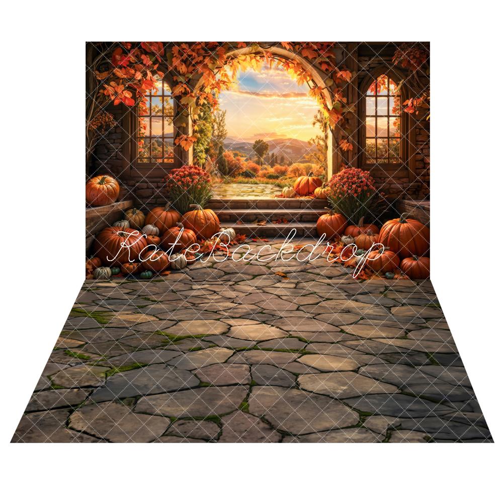 Kate Autumn Sunset Pumpkin Arch Backdrop+ Brown Stone Path Floor Backdrop