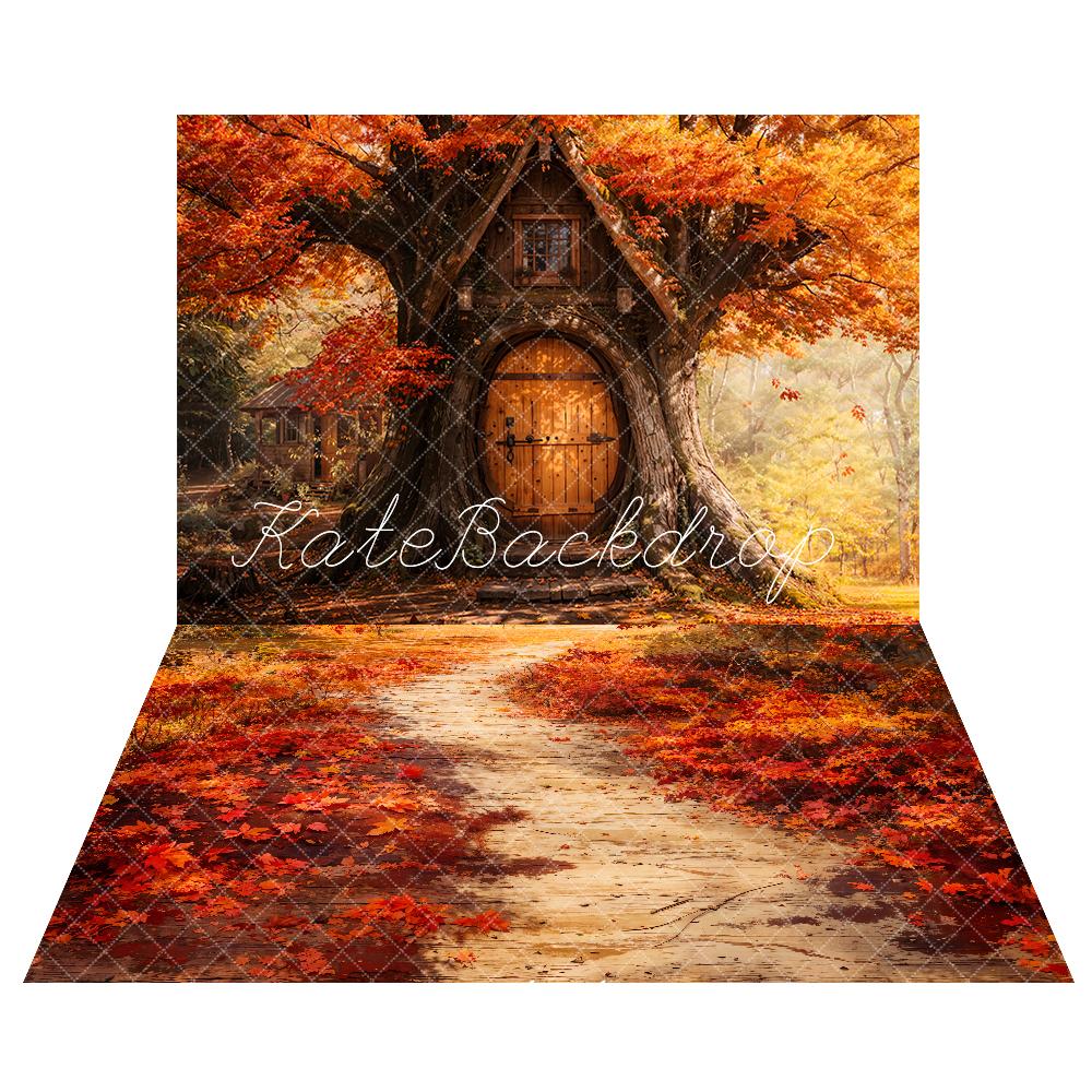 Kate Autumn Treehouse Forest Backdrop+Red Fallen Maple Leaves Path Floor Backdrop