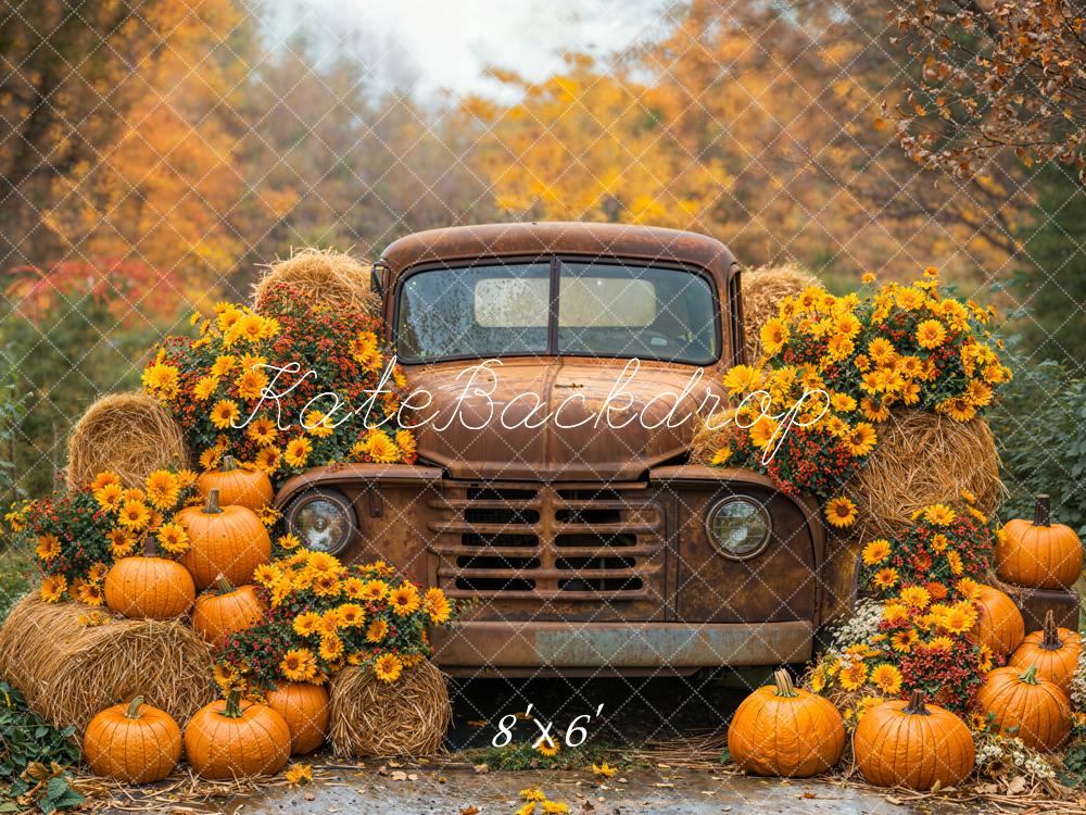 Kate Autumn Truck Pumpkins Hay Bales Fleece Backdrop Designed by Emetselch
