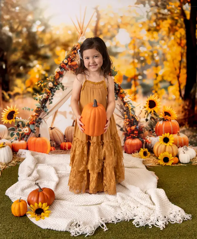 Kate Autumn White Teepee Sunflowers Pumpkins Backdrop Designed by Patty Robert