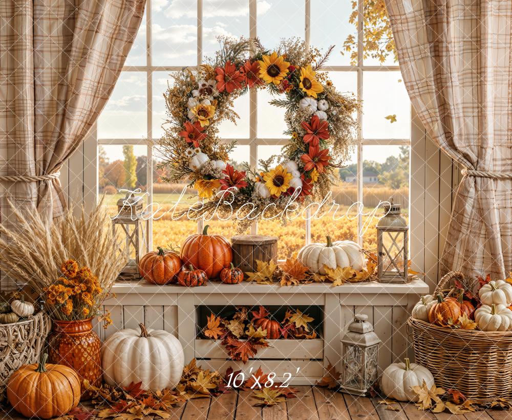 Kate Autumn Window Pumpkins Sunflowers Fleece Backdrop Designed by Emetselch - Image 3
