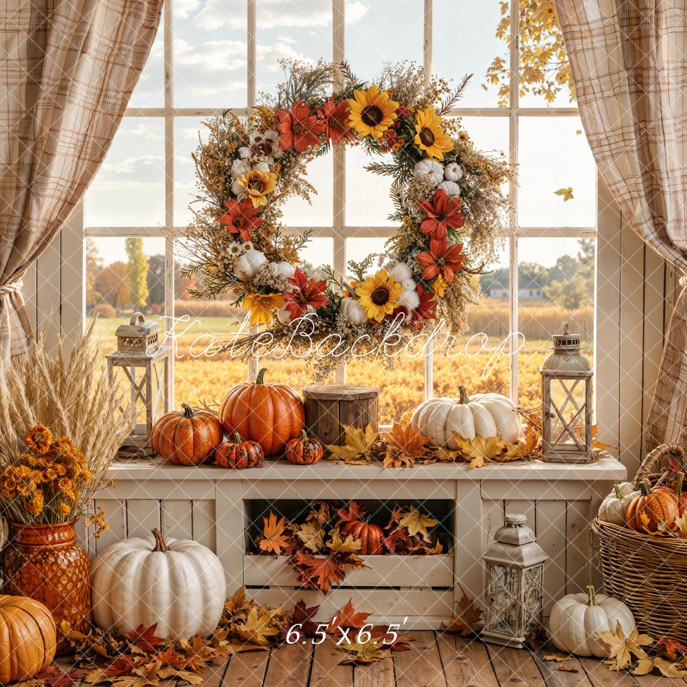 Kate Autumn Window Wreath Pumpkins Backdrop Designed by Emetselch - Image 2