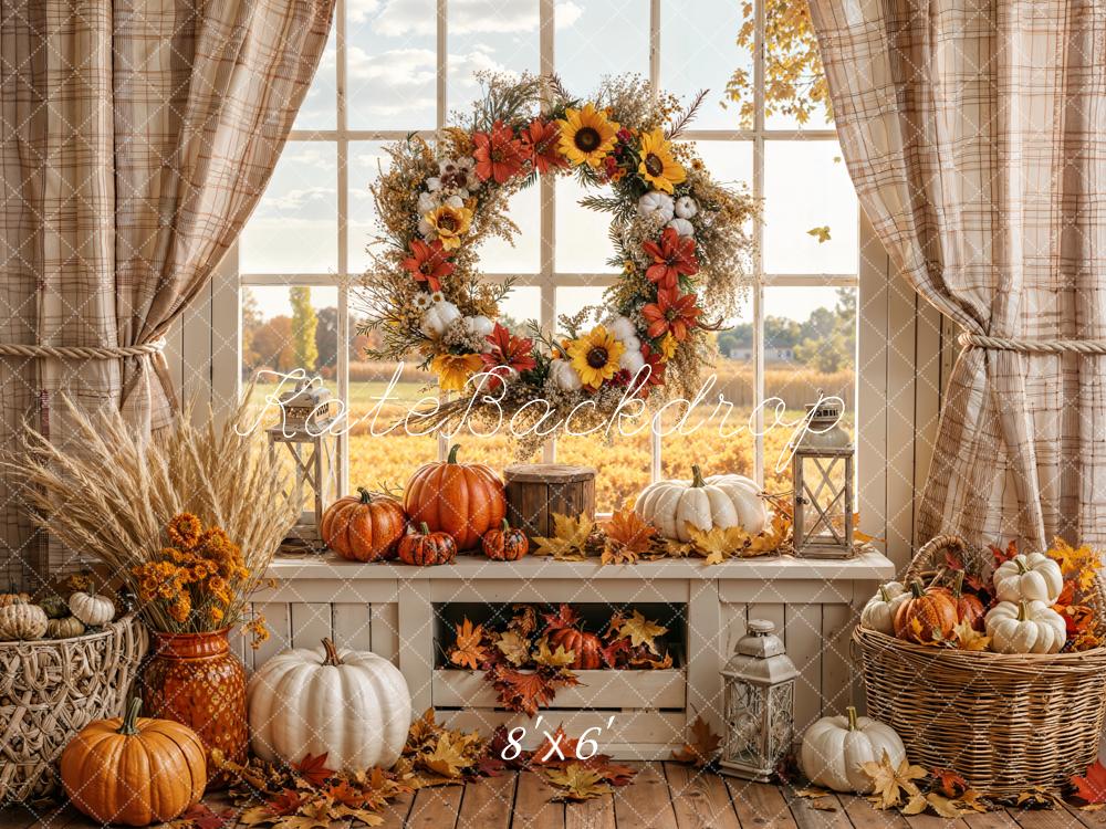 Kate Autumn Window Wreath Pumpkins Backdrop Designed by Emetselch - Image 3