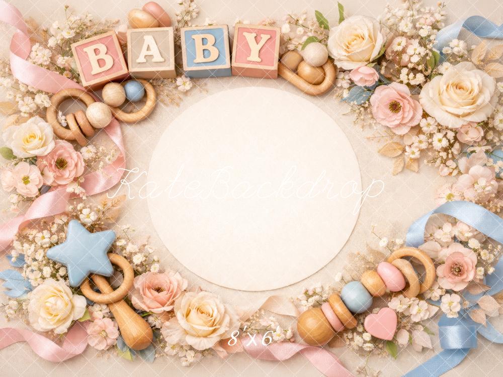 Kate Baby Blocks Floral Rattles Pink Blue Fleece Backdrop Designed by Megan Leigh Photography
