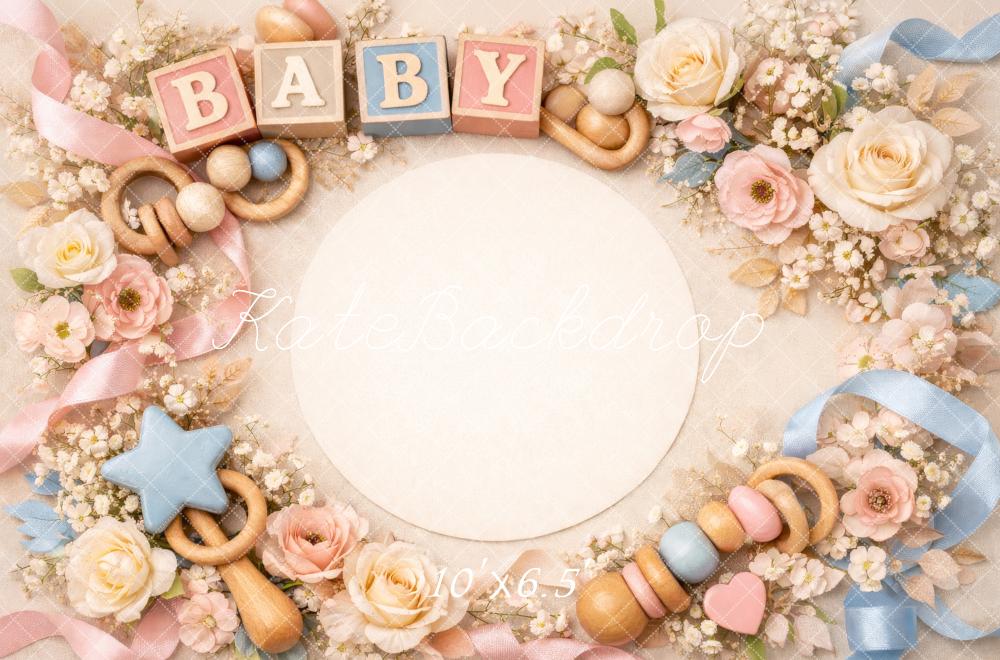 Kate Baby Blocks Floral Rattles Pink Blue Fleece Backdrop Designed by Megan Leigh Photography - Image 2