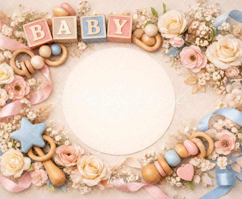 Kate Baby Blocks Floral Rattles Pink Blue Fleece Backdrop Designed by Megan Leigh Photography - Image 3
