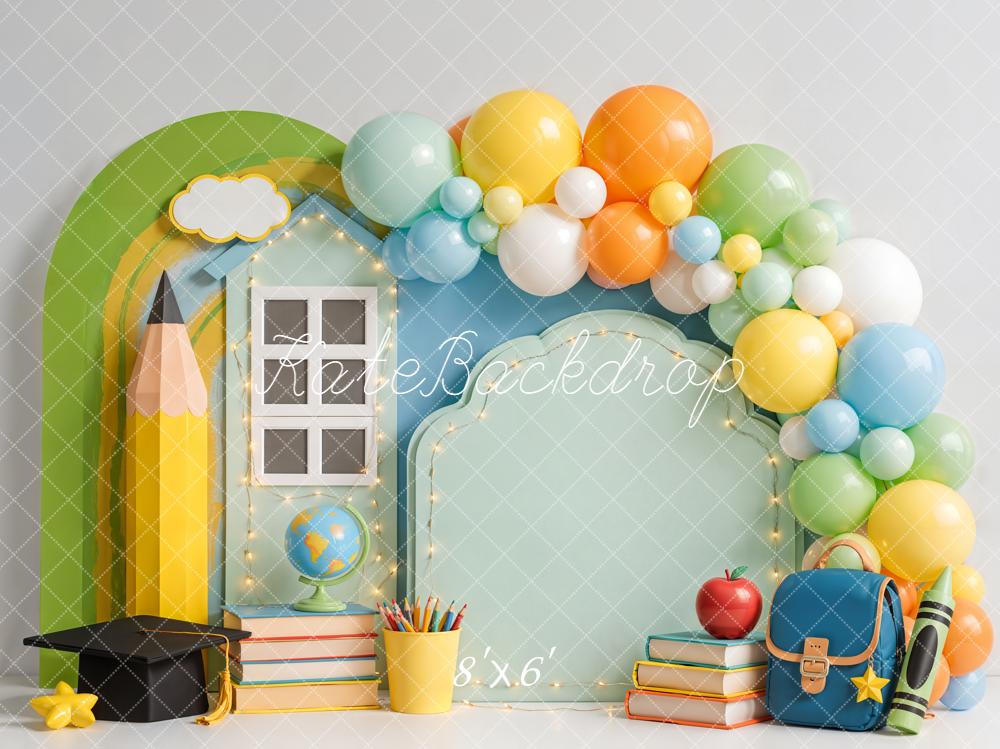 Kate Back To School Balloons Books Pencil Globe Backpack Fleece Backdrop Designed by Emetselch