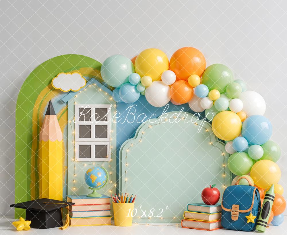 Kate Back To School Balloons Books Pencil Globe Backpack Fleece Backdrop Designed by Emetselch - Image 3