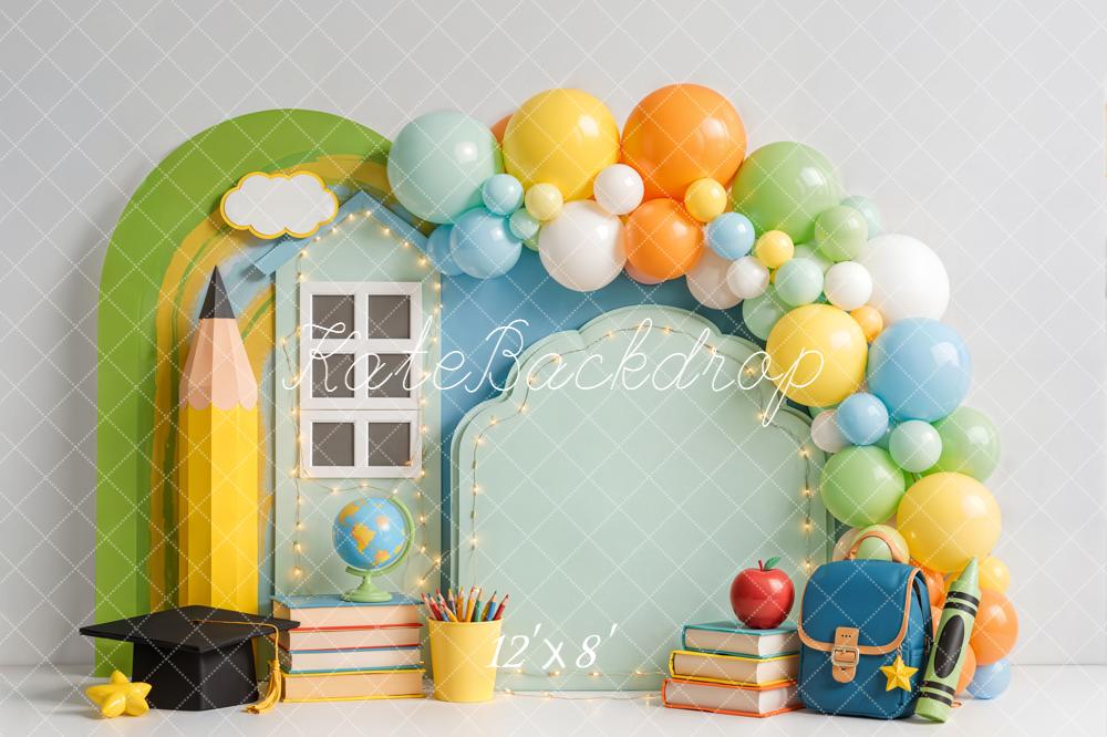 Kate Back To School Balloons Books Pencil Globe Backpack Fleece Backdrop Designed by Emetselch - Image 4