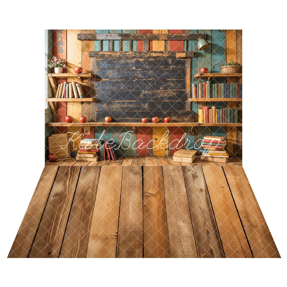Kate Back to School Bookshelf Wooden Blackboard Backdrop + Brown Wooden Floor Backdrop