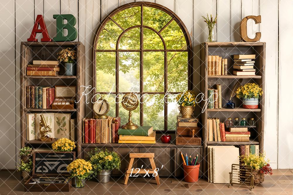 Kate Back to School Bookshelves Window Plants Fleece Backdrop Designed by Emetselch - Image 4