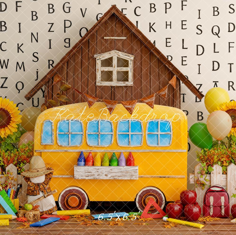 Kate Back To School Bus House Sunflowers Alphabet Backdrop Designed by Emstselch - Image 2