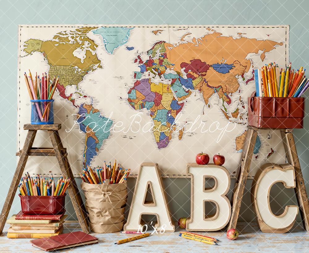 Kate Back To School Map Pencils Books Fleece Backdrop Designed by Emetselch - Image 3