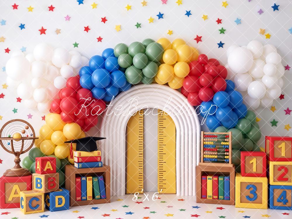 Kate Back To School Rainbow Balloons Books Blocks Fleece Backdrop Designed by Chain Photography