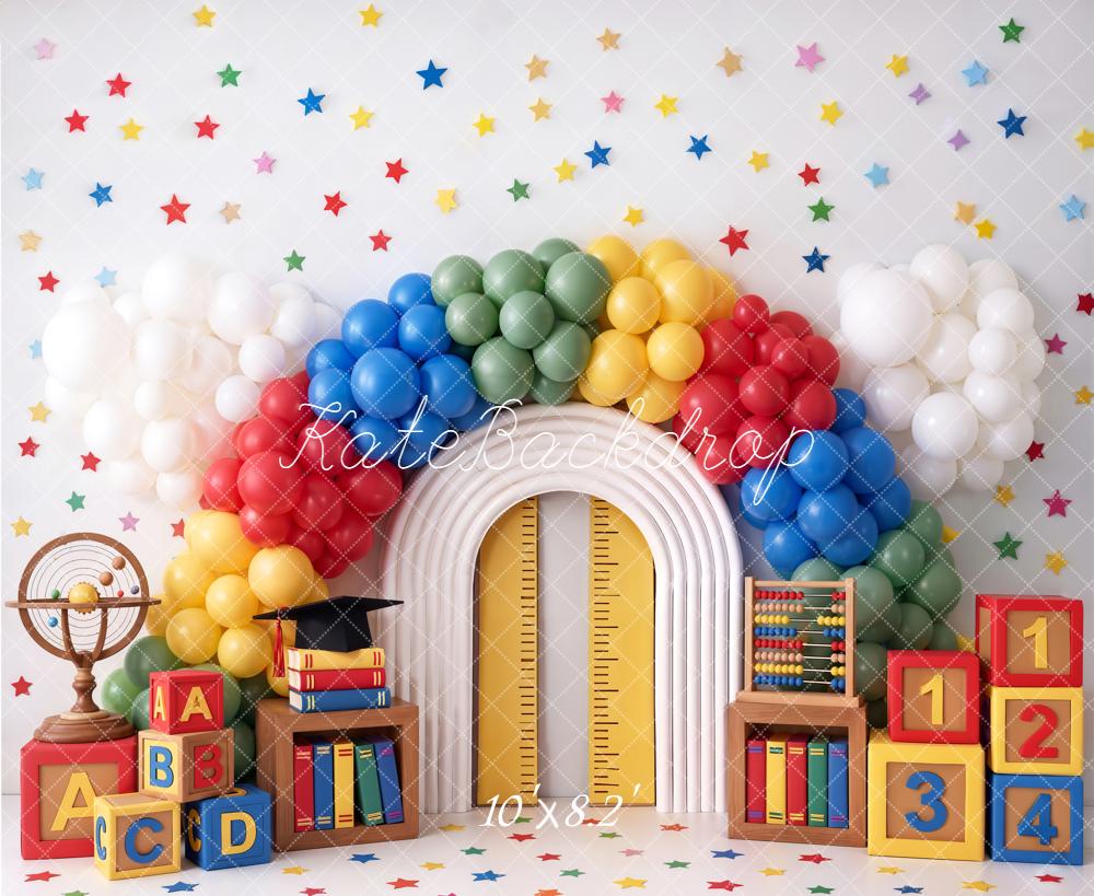 Kate Back To School Rainbow Balloons Books Blocks Fleece Backdrop Designed by Chain Photography - Image 3