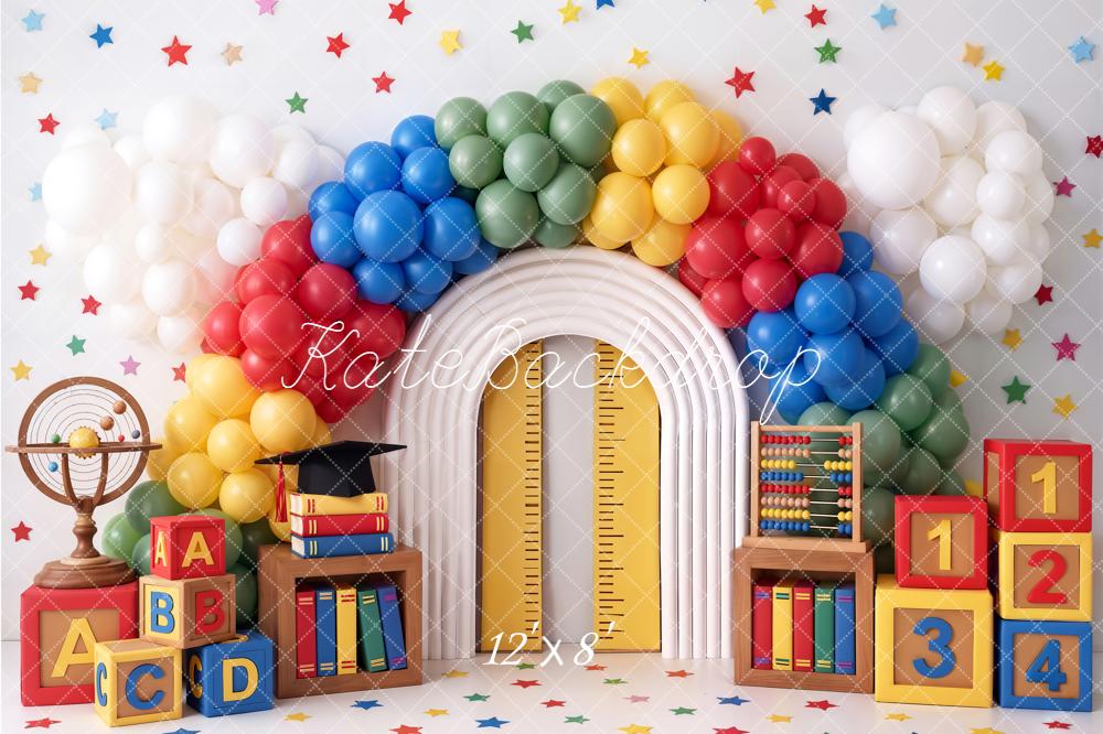 Kate Back To School Rainbow Balloons Books Blocks Fleece Backdrop Designed by Chain Photography - Image 4