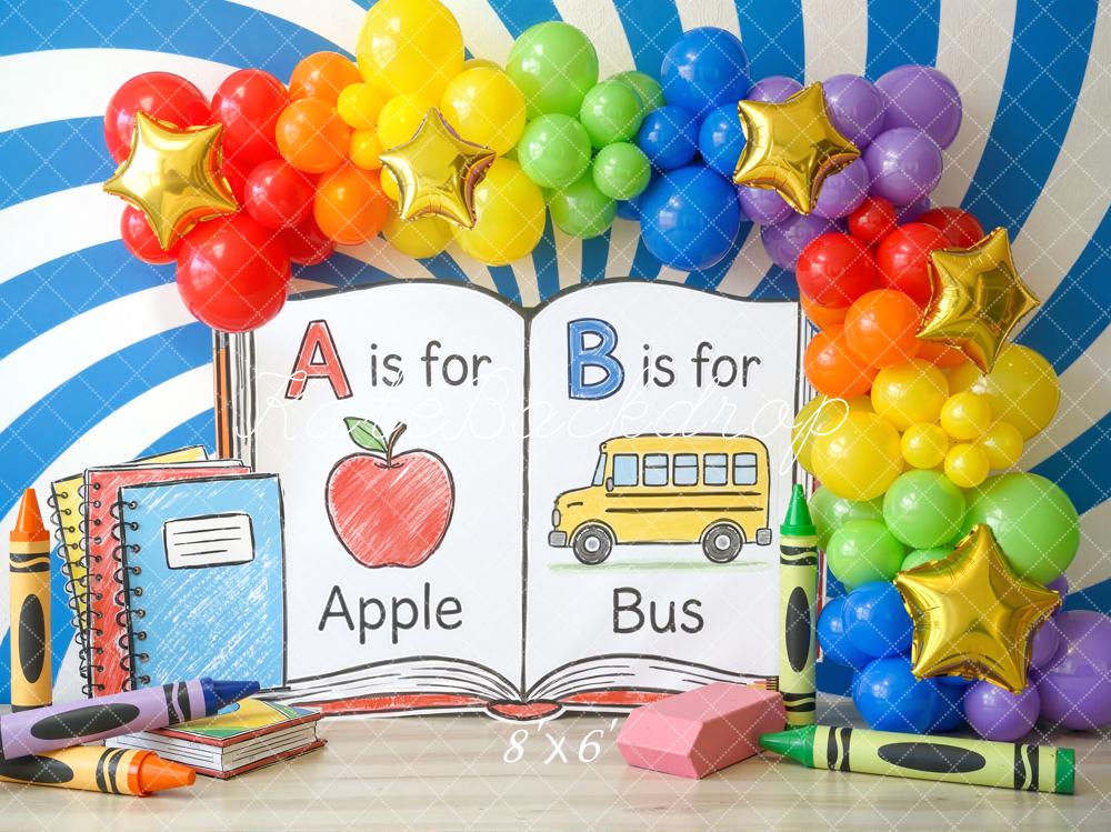 Kate Back To School Rainbow Balloons Books Fleece Backdrop Designed by Chain Photography