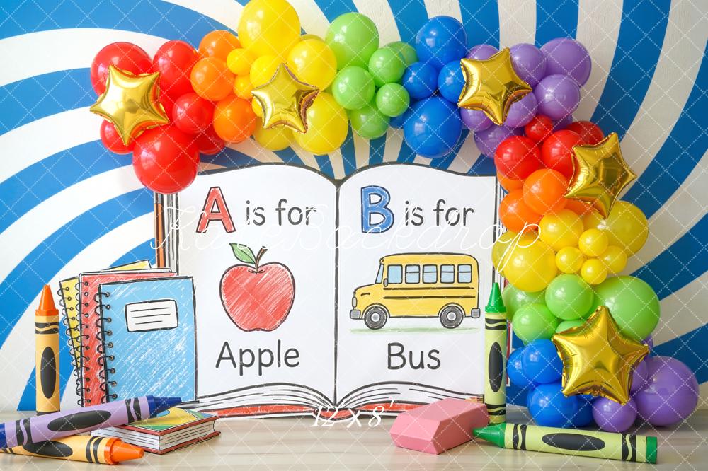 Kate Back To School Rainbow Balloons Books Fleece Backdrop Designed by Chain Photography - Image 4