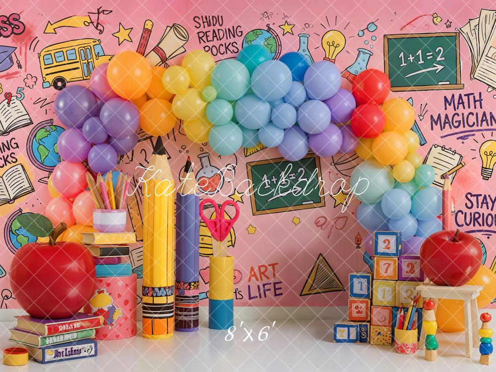 Kate Back To School Rainbow Balloons Classroom Supplies Fleece Backdrop Designed by Emetselch