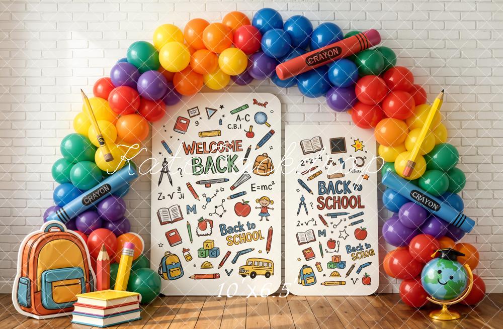 Kate Back To School Rainbow Balloons Crayons Doodles Fleece Backdrop Designed by Chain Photography - Image 2
