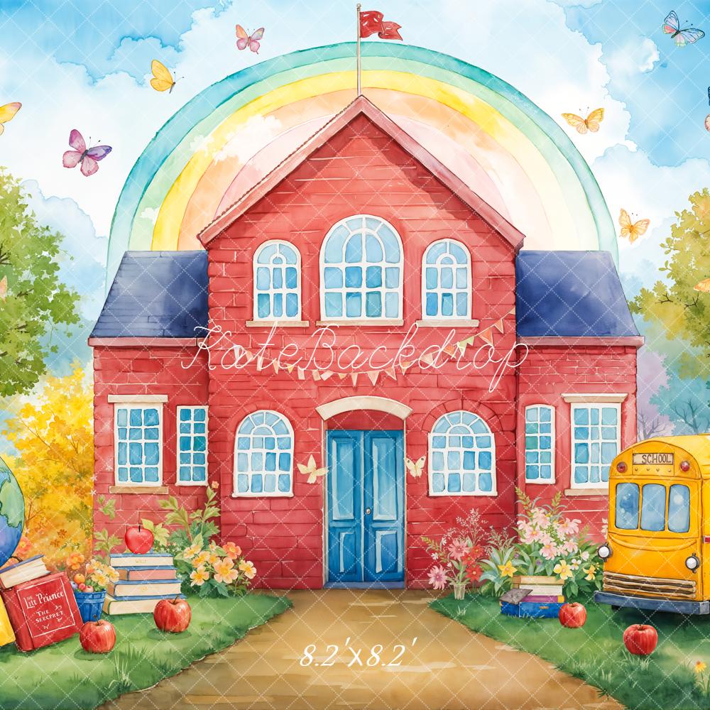 Kate Back To School Red house Bus Rainbow Backdrop Designed by Emetselch - Image 5