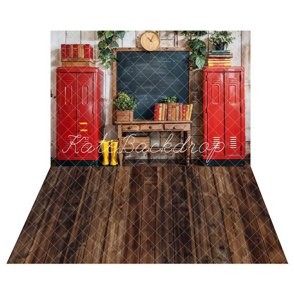 Kate Back to School Red Locker Book Blackboard Backdrop+ Brown Wooden Floor Backdrop