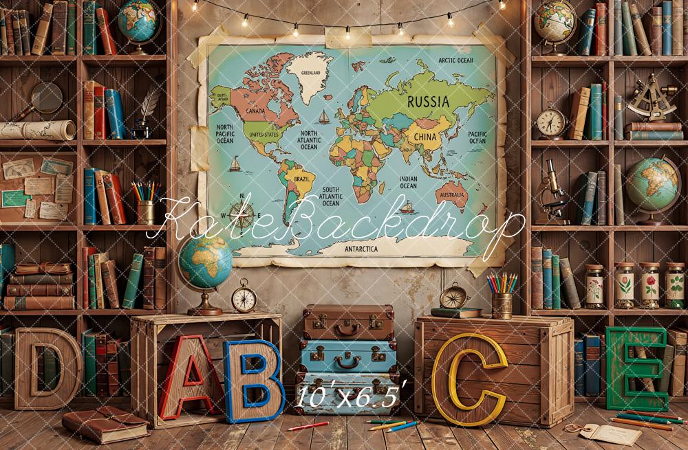 Kate Back to School World Map Books Globes Fleece Backdrop Designed by Emetselch - Image 2