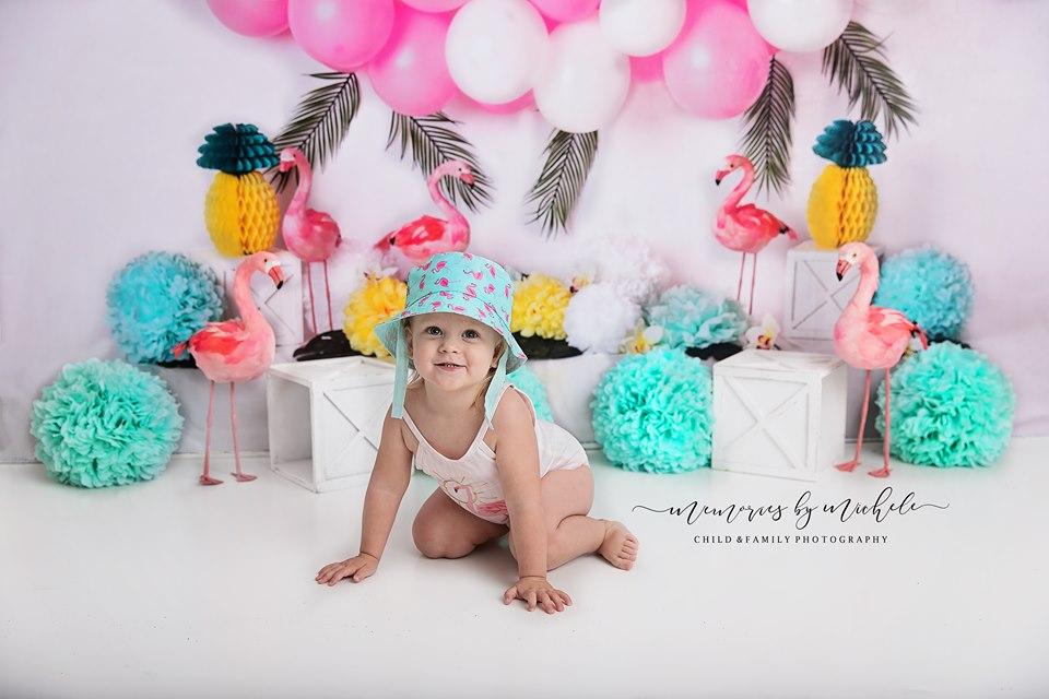 Kate Summer Balloons Flowers Flamingo Backdrop Designed by Mandy Ringe Photography