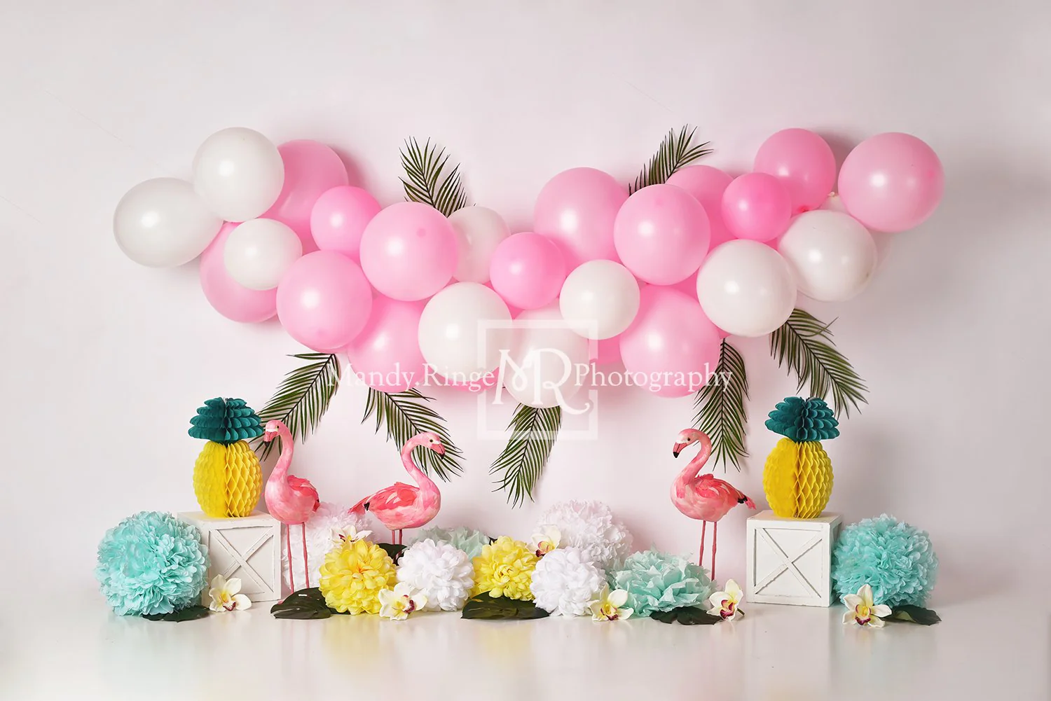 Kate Summer Balloons Flowers Flamingo Backdrop Designed by Mandy Ringe Photography - Image 2