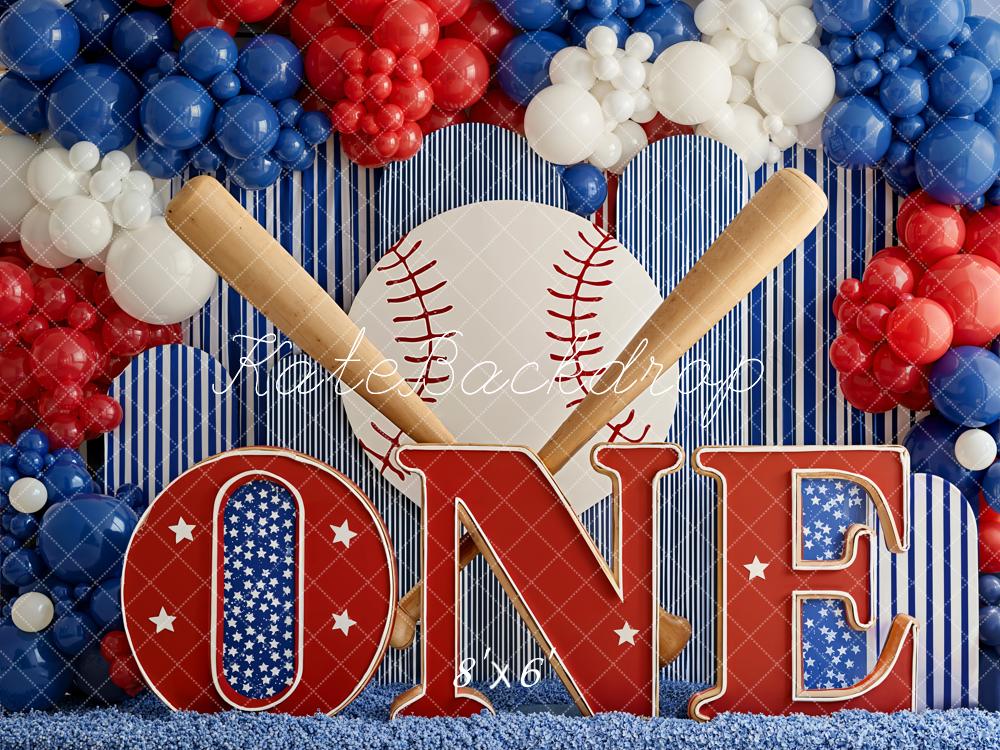 Kate 1st Birthday Baseball Bats Balloons Stars Fleece Backdrop Designed by Emetselch