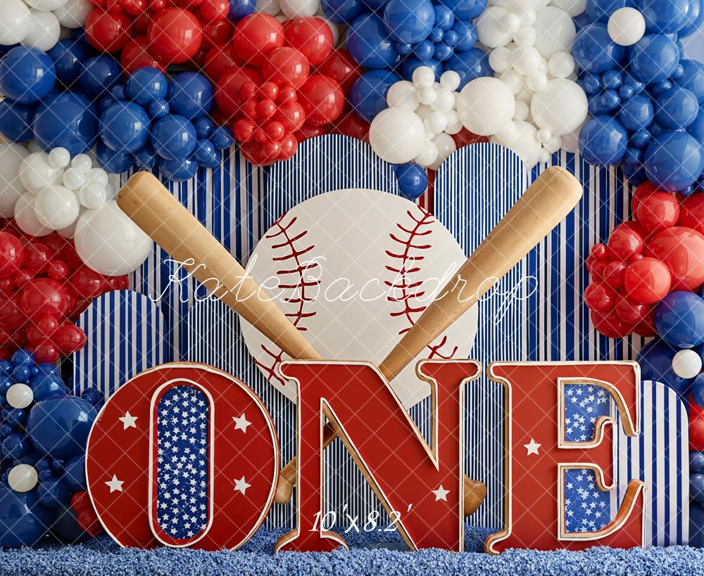 Kate 1st Birthday Baseball Bats Balloons Stars Fleece Backdrop Designed by Emetselch - Image 3