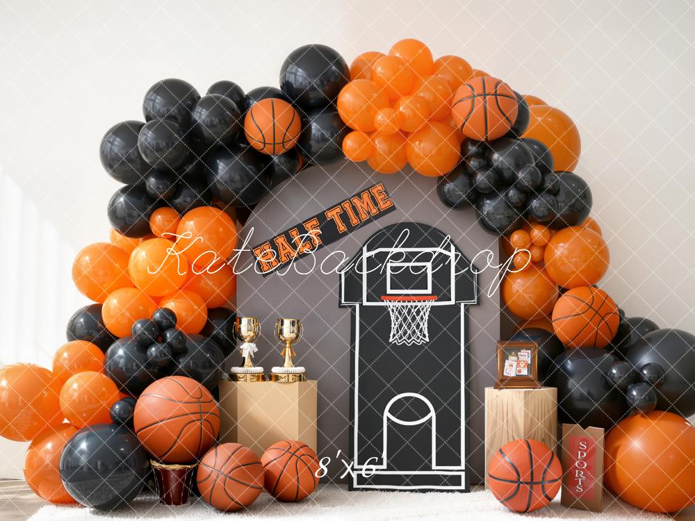 Kate Basketball Hoop Trophy Orange Black Balloons Fleece Backdrop Designed by Emstselch