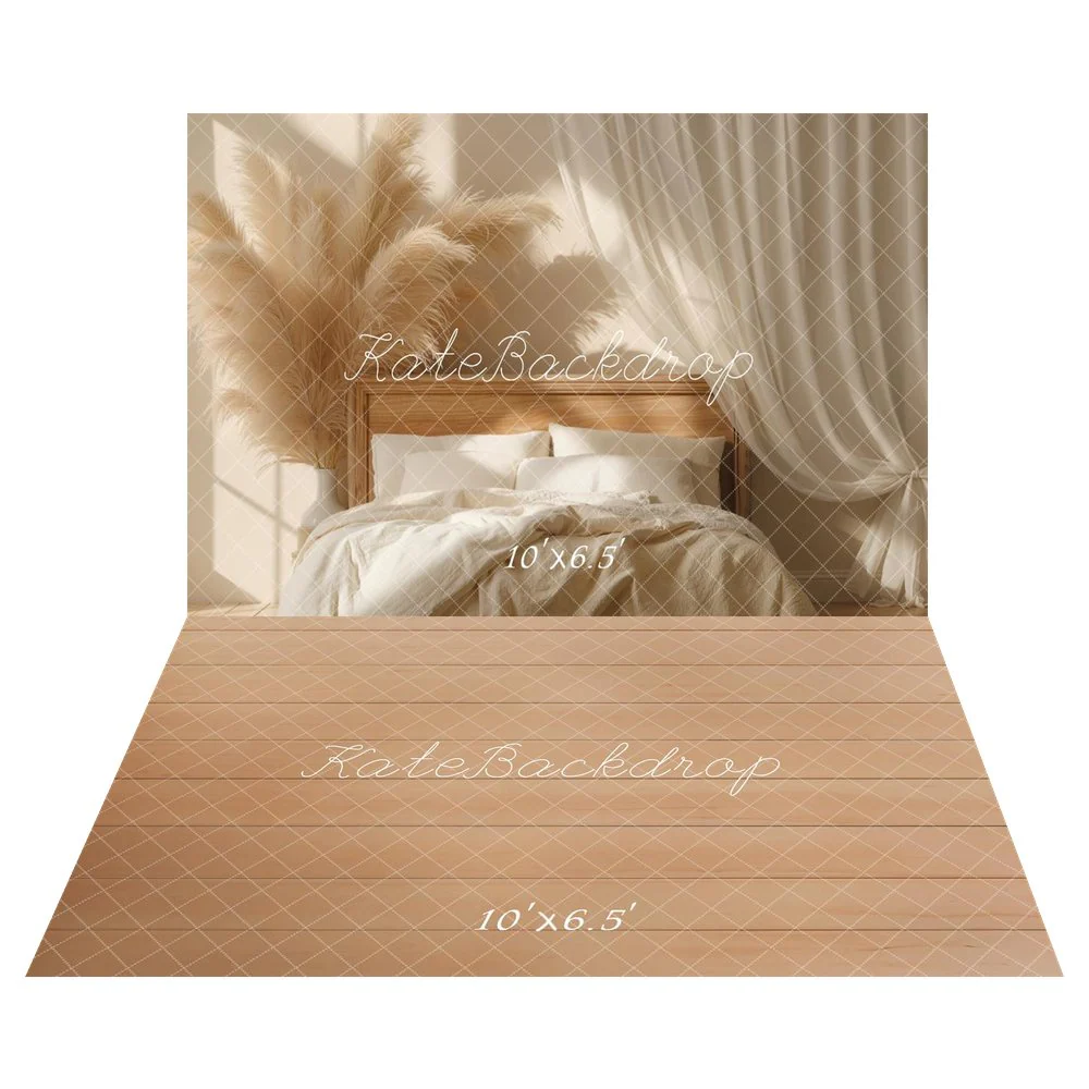 Kate Boho Bed Pampas Grass White Drapes Backdrop+Light Wood Texture Backdrop