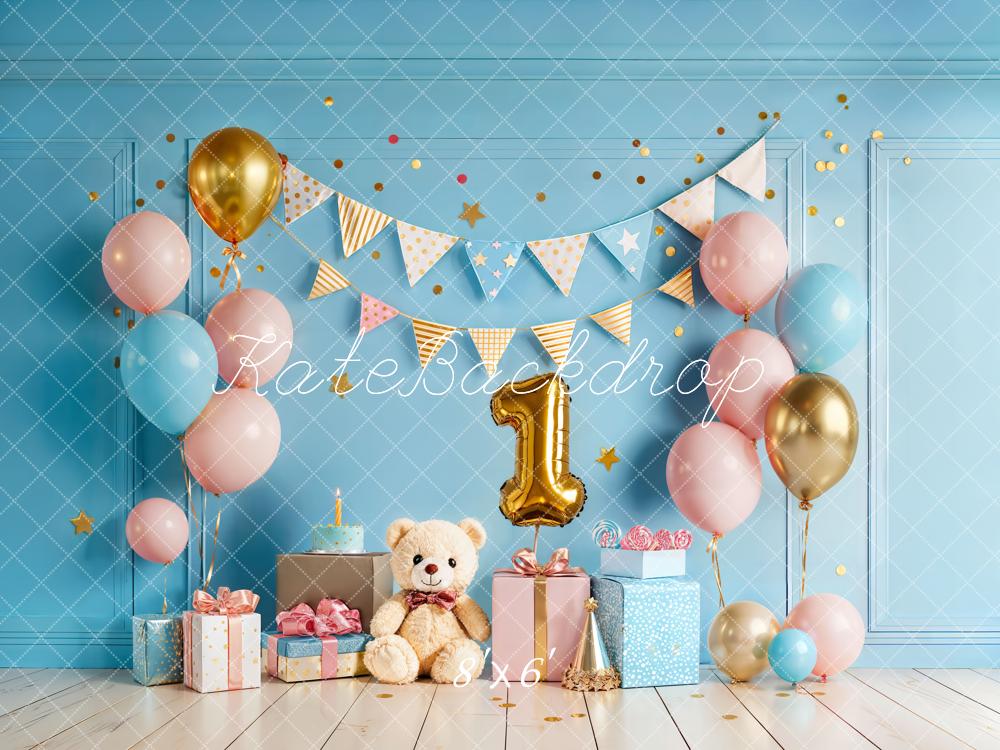 Kate 1st Birthday Balloons Gifts Blue Fleece Backdrop Designed by Chain Photography