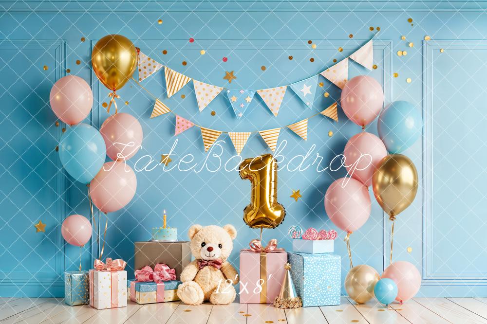Kate 1st Birthday Balloons Gifts Blue Fleece Backdrop Designed by Chain Photography - Image 4