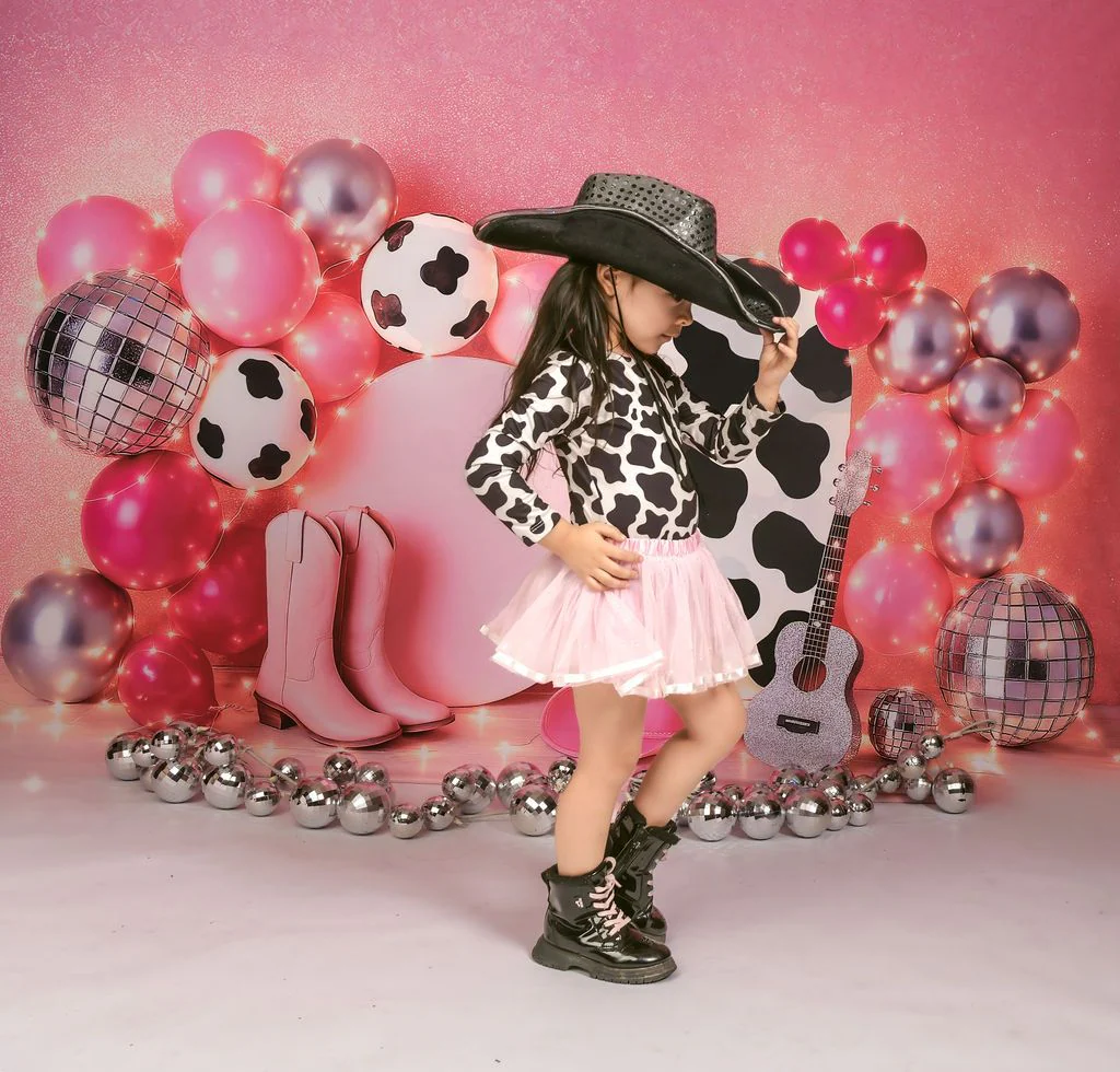 Kate Birthday Cowgirl Pink Balloon Guitar Disco Backdrop Designed by Ashley Paul