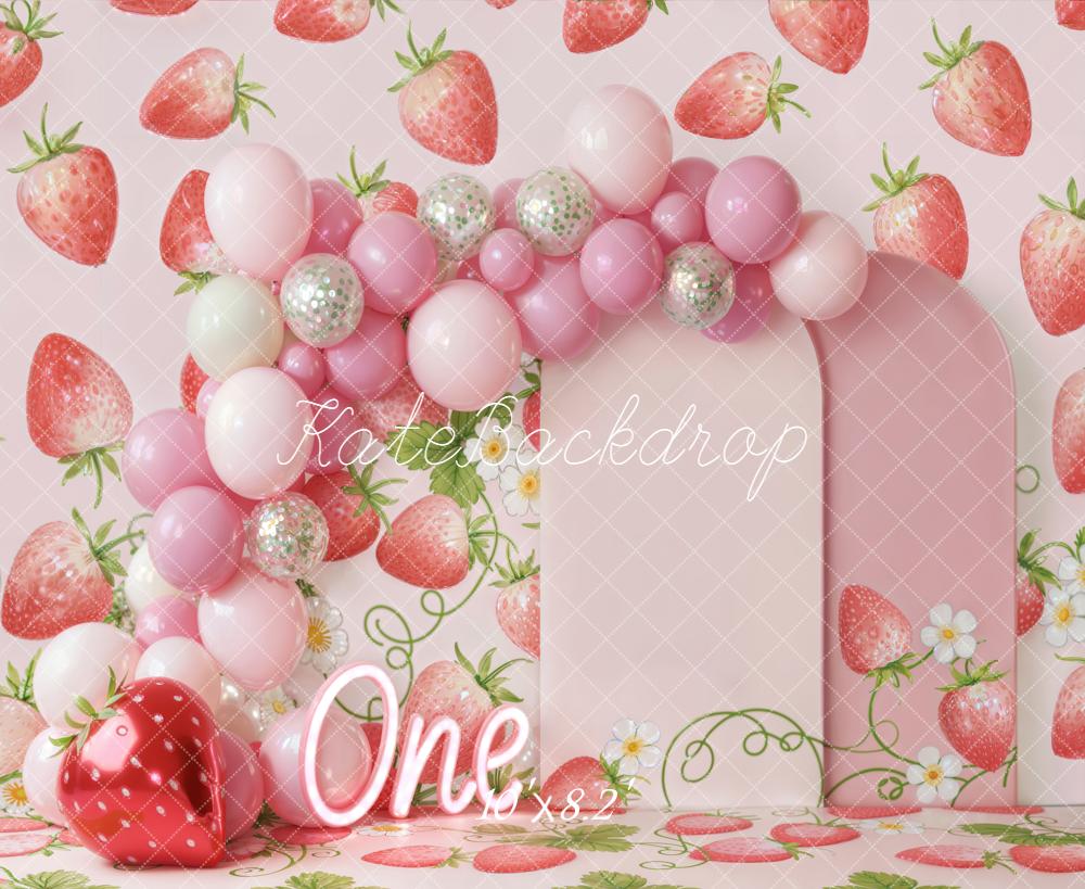 Kate 1st Birthday Strawberry Balloons Pink Backdrop Designed by Emstselch - Image 6