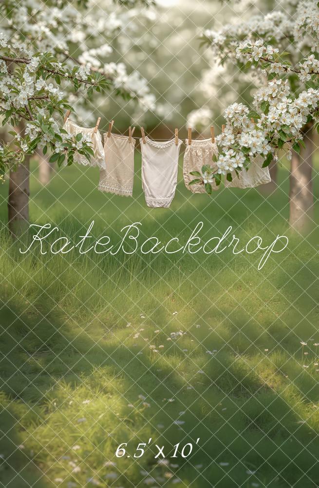 Kate Blossom Trees Clothesline Meadow Fleece Backdrop Designed by Chain Photography - Image 2