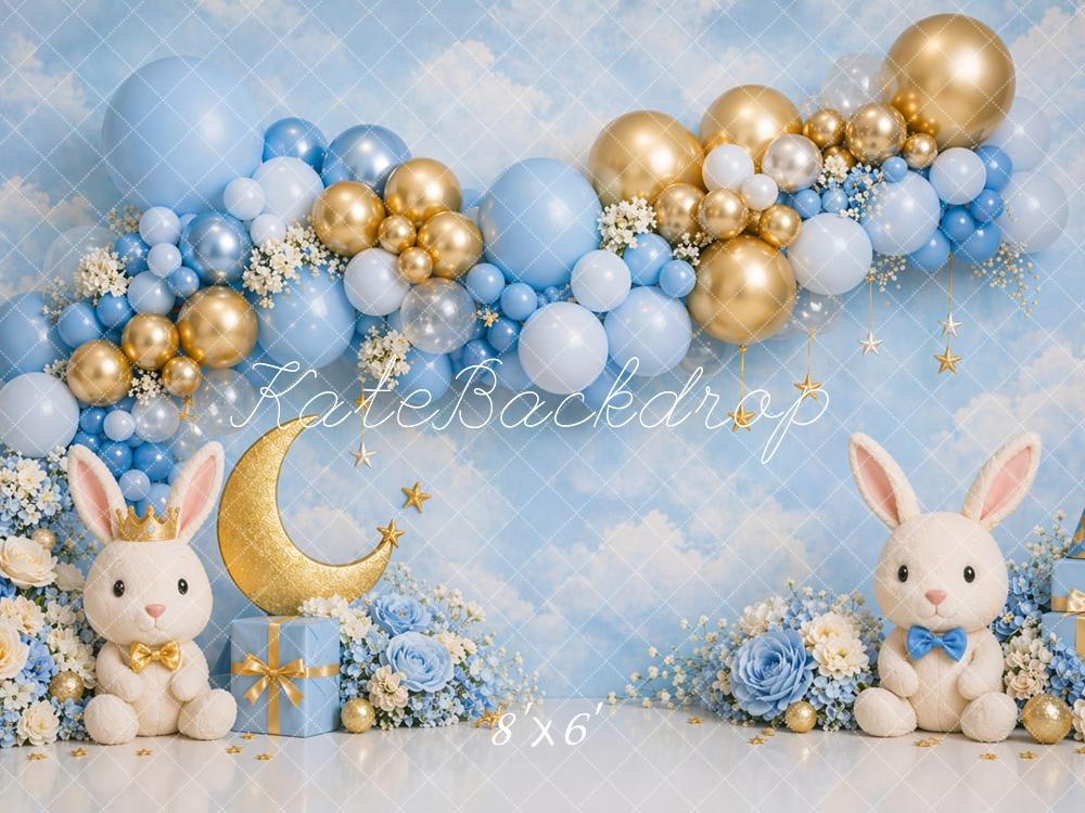 Kate Blue Balloons Gold Moon Bunnies Backdrop Designed by Caitlin Lynch - Image 3