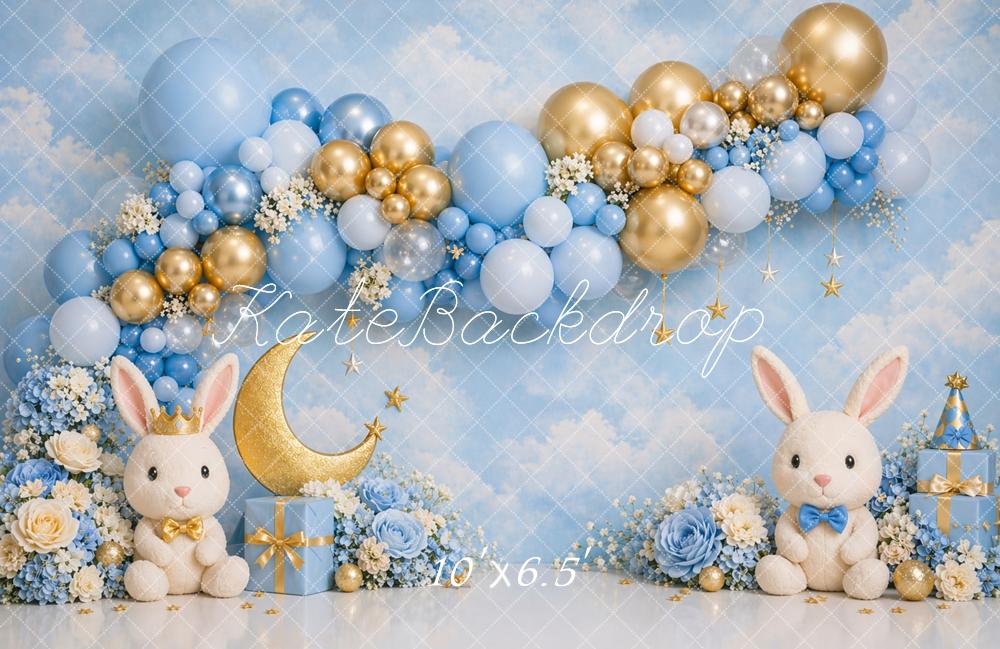 Kate Blue Balloons Gold Moon Bunnies Backdrop Designed by Caitlin Lynch - Image 4