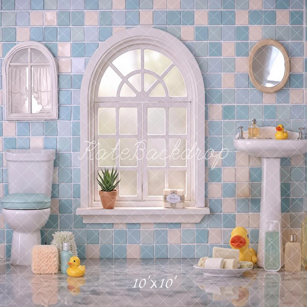 Kate Blue Bathroom Tiles Window Mirror Backdrop Designed by Emetselch - Image 7
