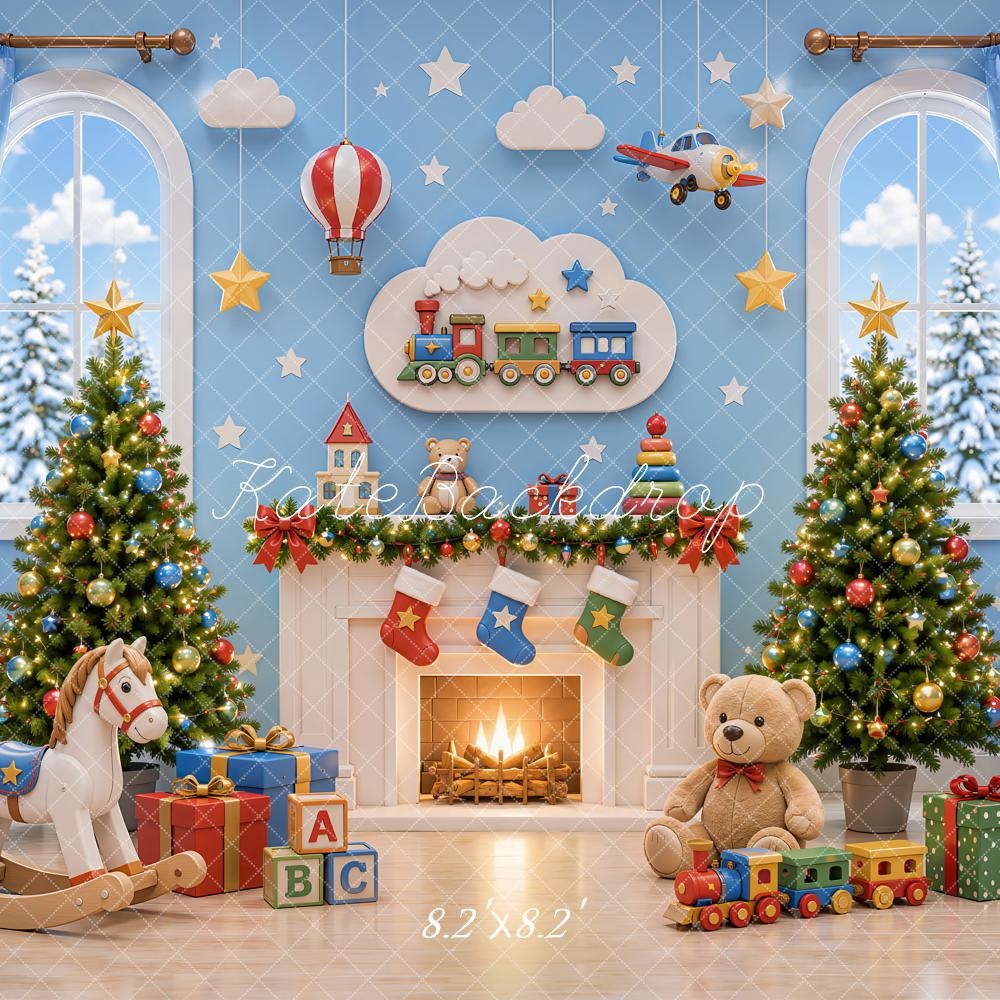 Kate Blue Christmas Fireplace Tree Children Backdrop Designed by Emetselch - Image 5