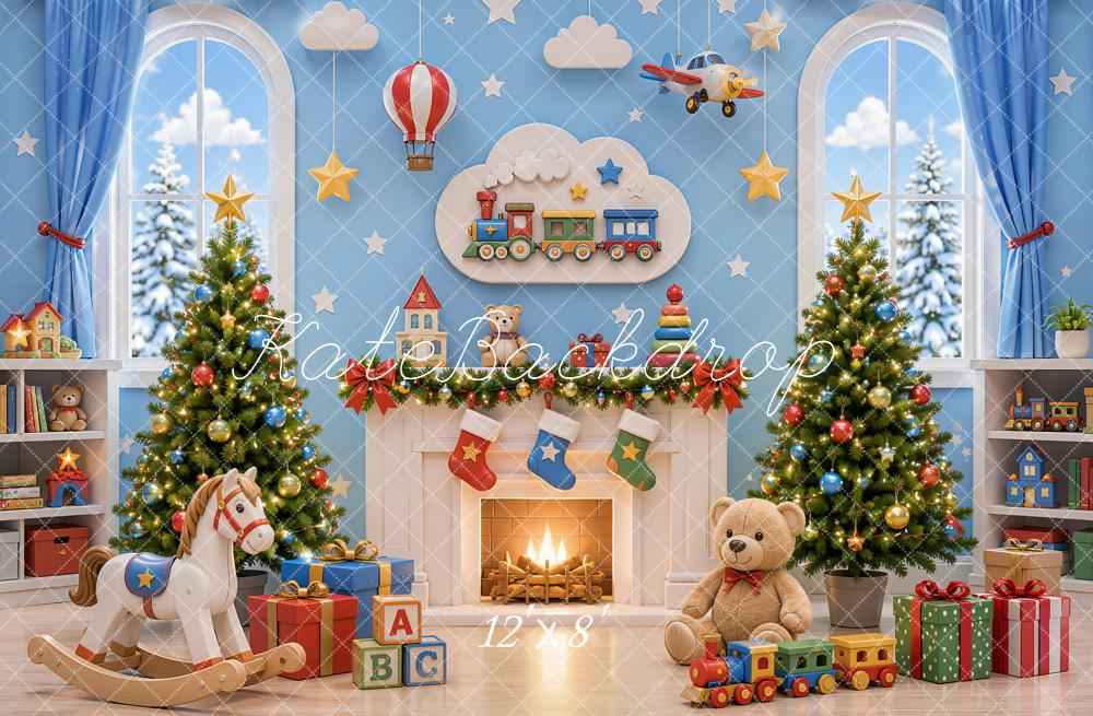 Kate Blue Christmas Fireplace Tree Children Backdrop Designed by Emetselch - Image 8