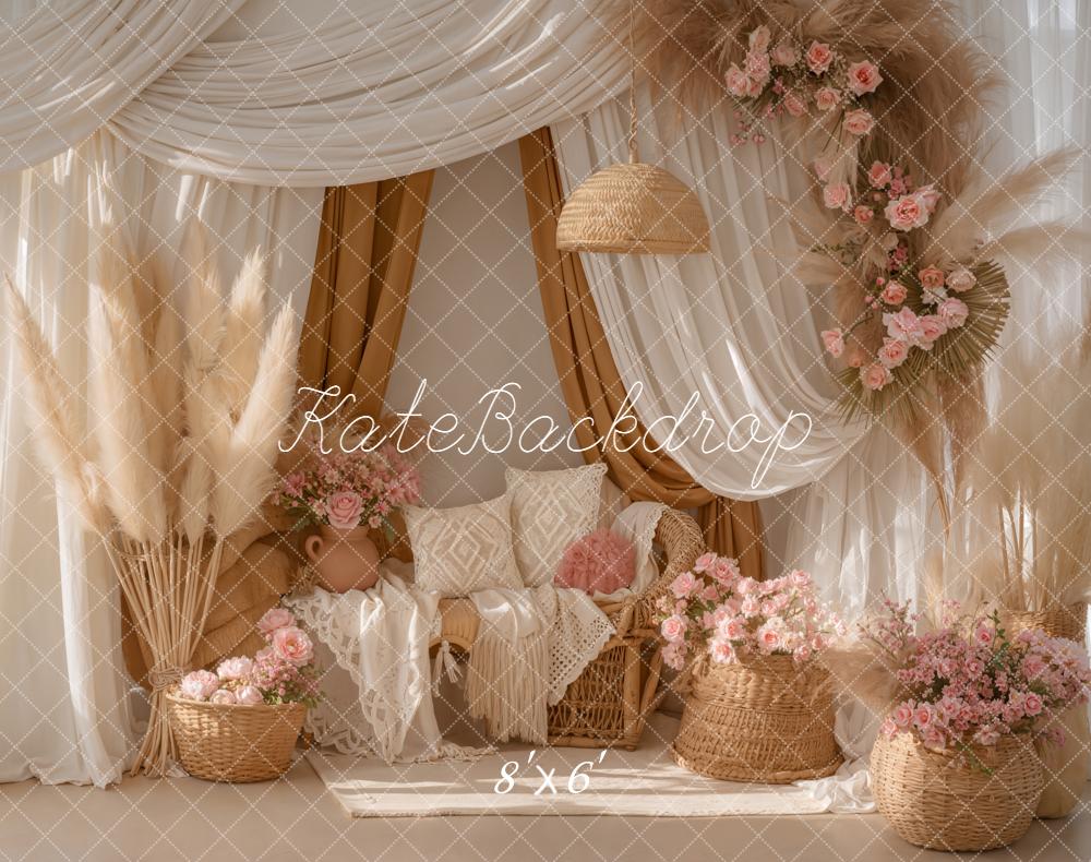 Kate Bohemian Pampas Grass Floral Fleece Backdrop Designed by Emetselch
