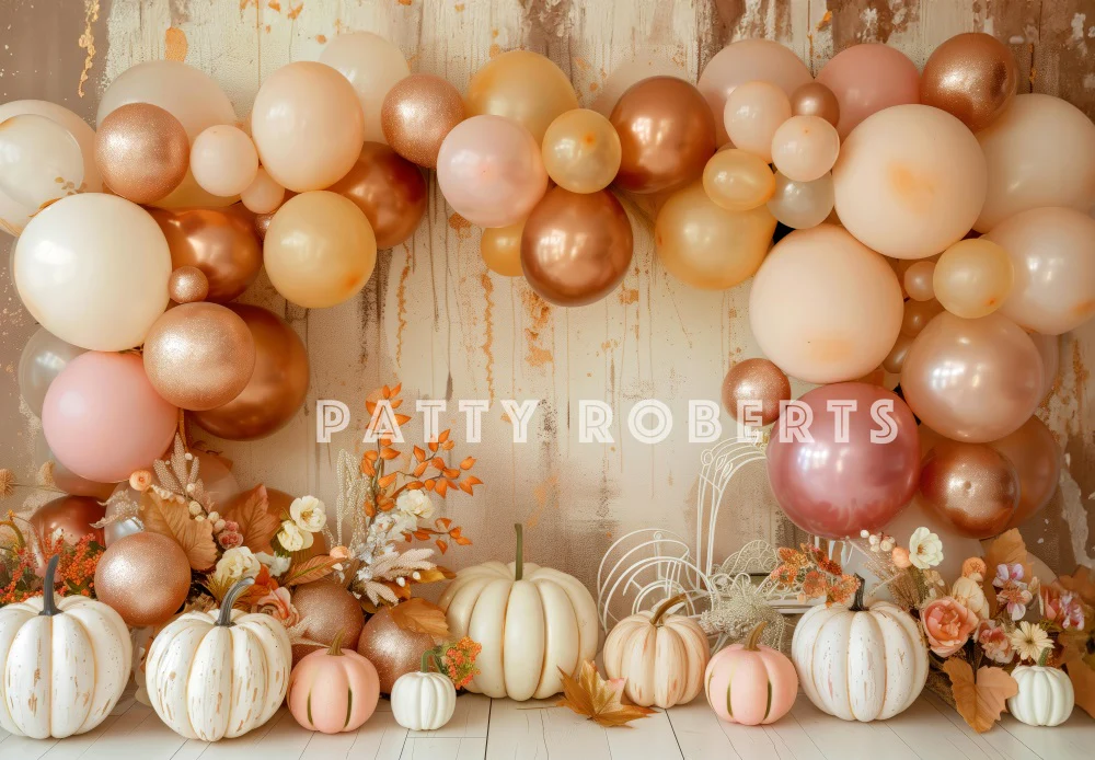 Kate Boho Autumn Balloon Arch Pumpkins Backdrop Designed by Patty Robert